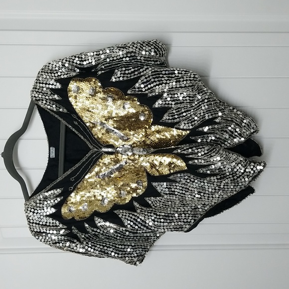 Hand Stitched All SILK Butterfly Sequined Top c.1970-1980 - Picture 1 of 7